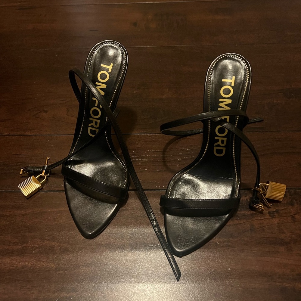 Tom Ford Black Strappy Heels with Gold Accents